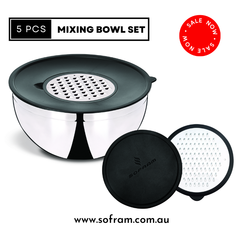 Sofram Mixing Bowl 5 pcs with Splash Proof Lid + Grater