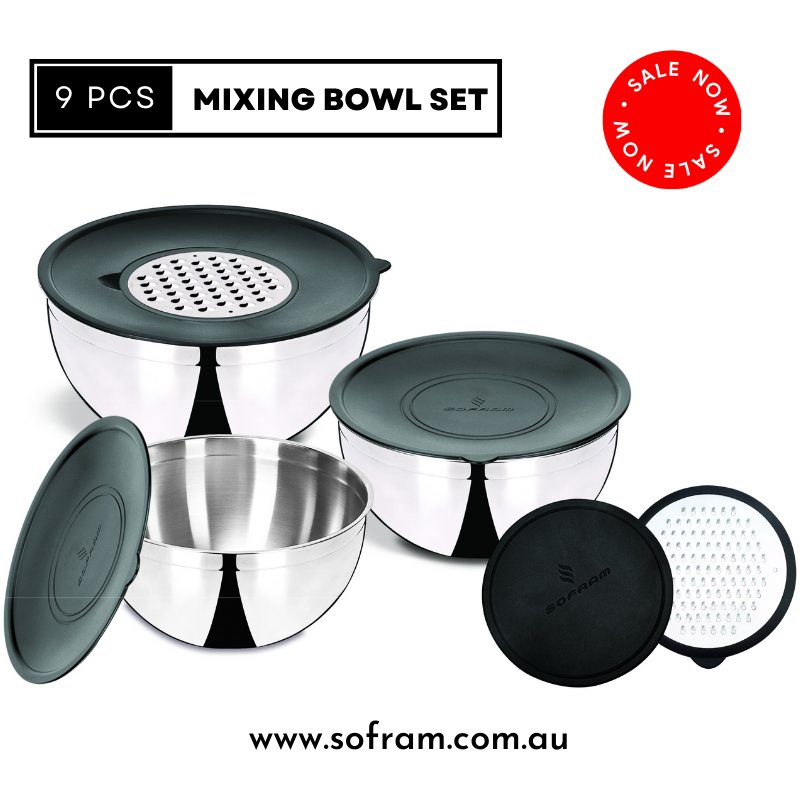 Sofram Mixing and Storage Bowl Set 9 pcs with Splash Proof Lid + Grater